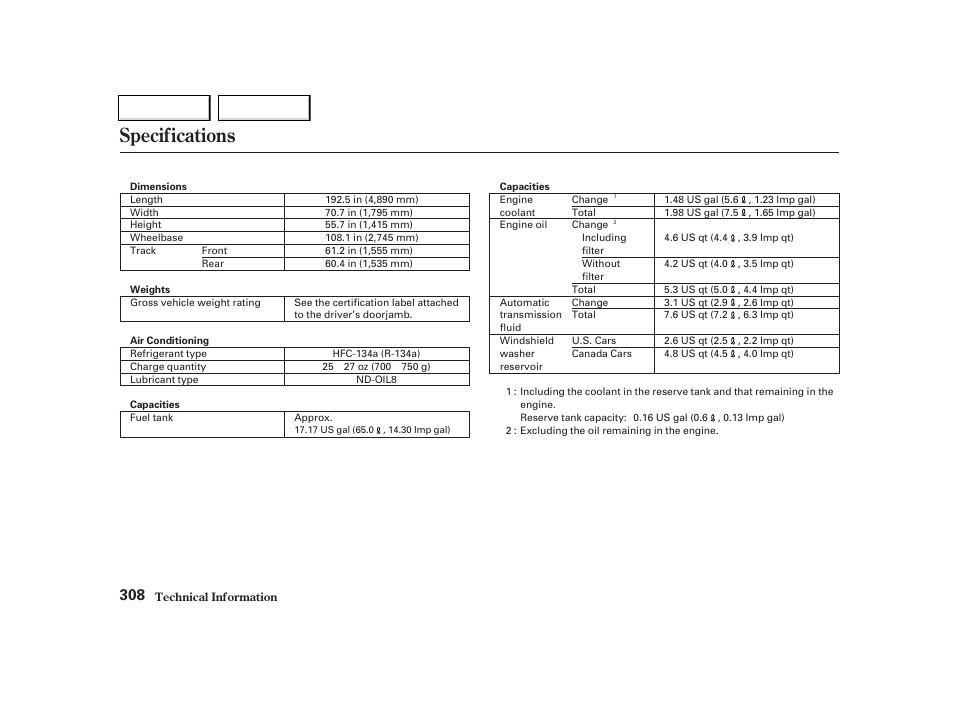 Specifications | Acura 2002 TL - Owner's Manual User Manual | Page 311 / 339