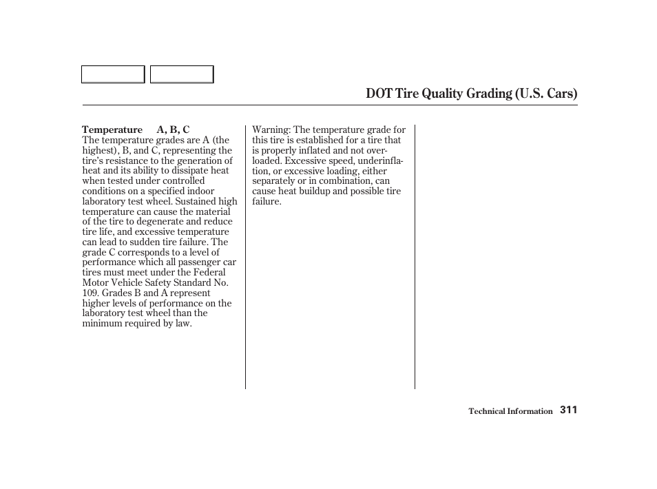 Dot tire quality grading (u.s. cars) | Acura 2002 TL - Owner's Manual User Manual | Page 314 / 339