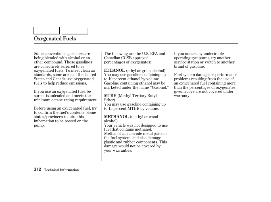 Oxygenated fuels | Acura 2002 TL - Owner's Manual User Manual | Page 315 / 339