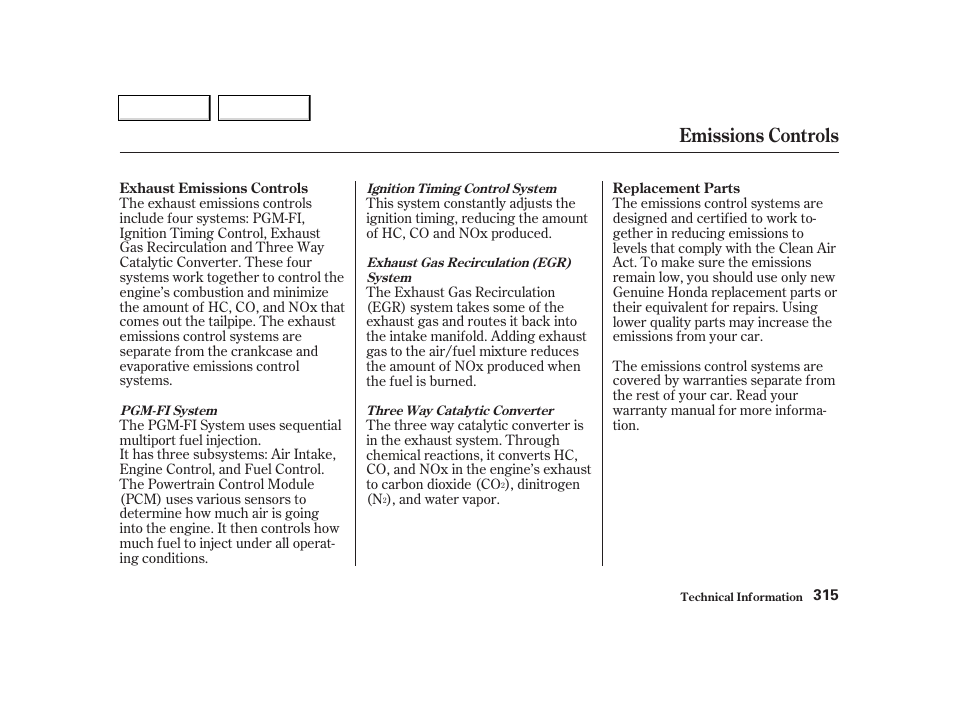 Emissions controls | Acura 2002 TL - Owner's Manual User Manual | Page 318 / 339