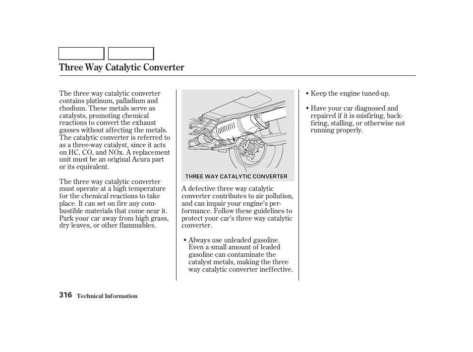 Three way catalytic converter | Acura 2002 TL - Owner's Manual User Manual | Page 319 / 339