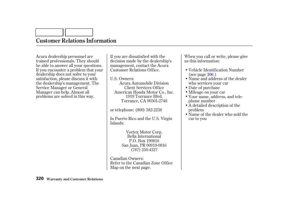 Customer relations information | Acura 2002 TL - Owner's Manual User Manual | Page 323 / 339