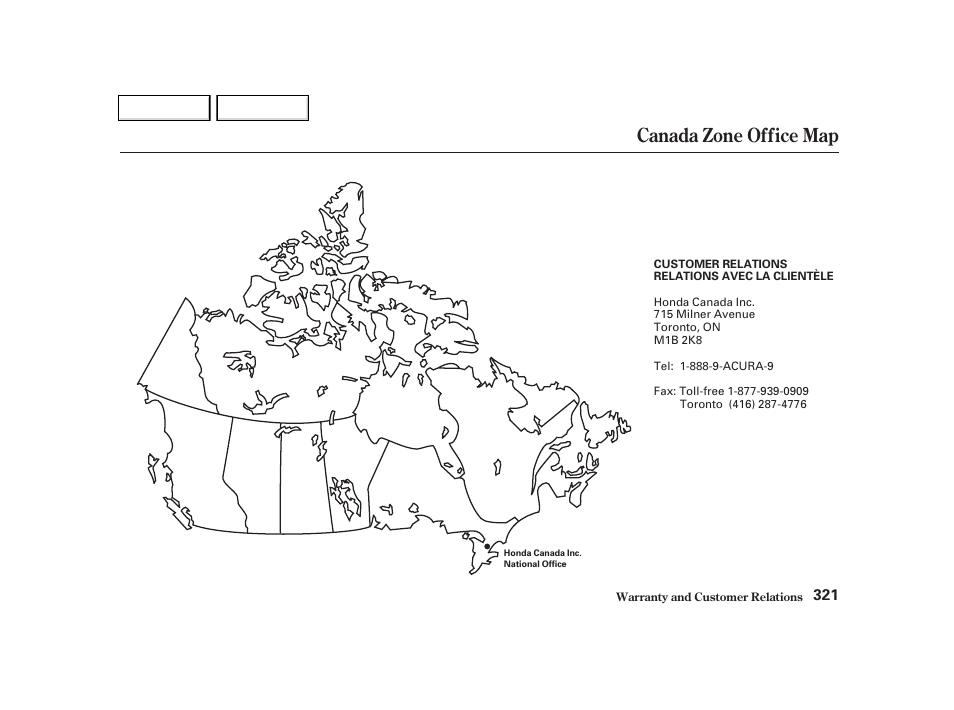 Canada zone office map | Acura 2002 TL - Owner's Manual User Manual | Page 324 / 339