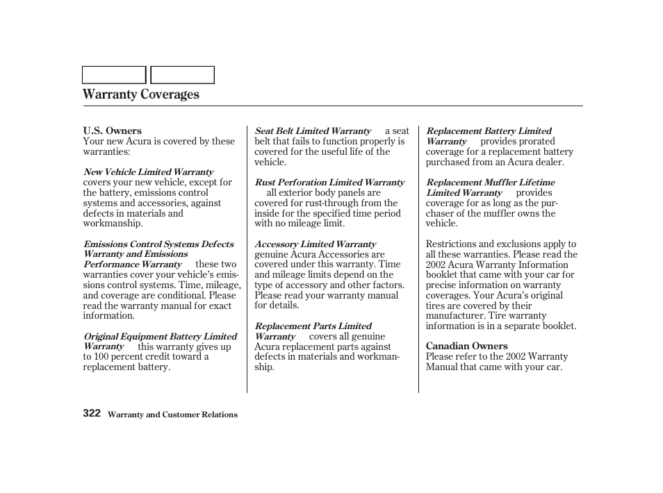 Warranty coverages | Acura 2002 TL - Owner's Manual User Manual | Page 325 / 339