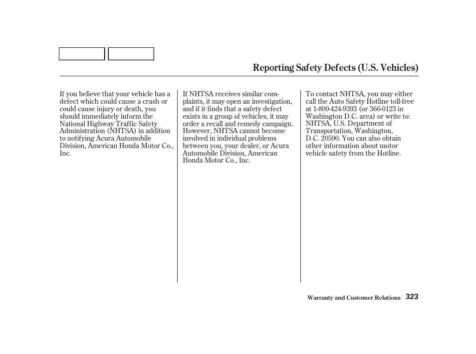 Reporting safety defects (u.s. vehicles) | Acura 2002 TL - Owner's Manual User Manual | Page 326 / 339