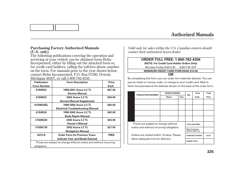 Authorized manuals, Purchasing factory authorized manuals (u.s. only) | Acura 2002 TL - Owner's Manual User Manual | Page 328 / 339