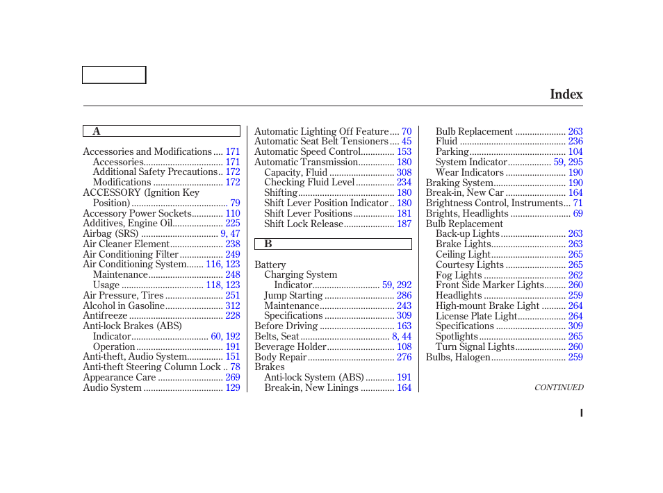 Index | Acura 2002 TL - Owner's Manual User Manual | Page 330 / 339