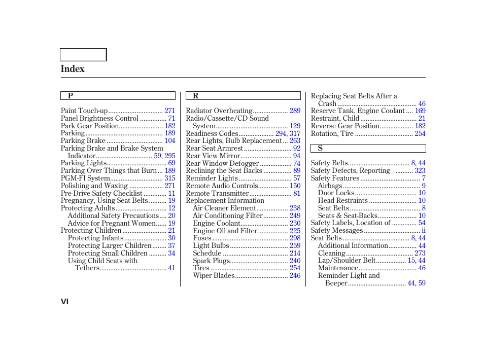 Index | Acura 2002 TL - Owner's Manual User Manual | Page 335 / 339