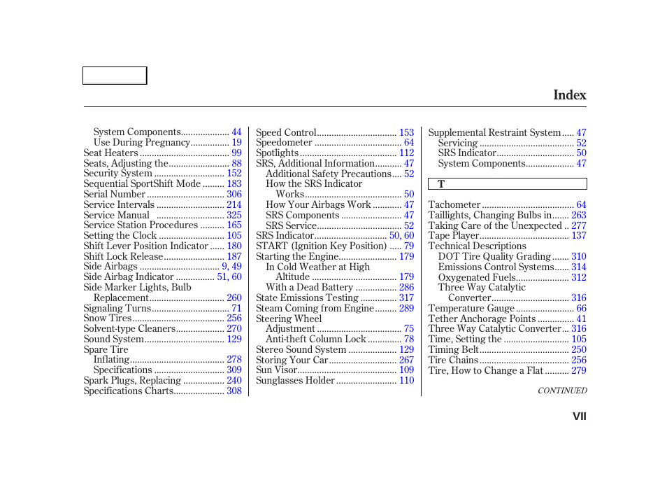 Index | Acura 2002 TL - Owner's Manual User Manual | Page 336 / 339