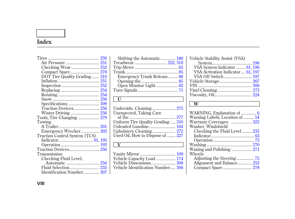 Index | Acura 2002 TL - Owner's Manual User Manual | Page 337 / 339