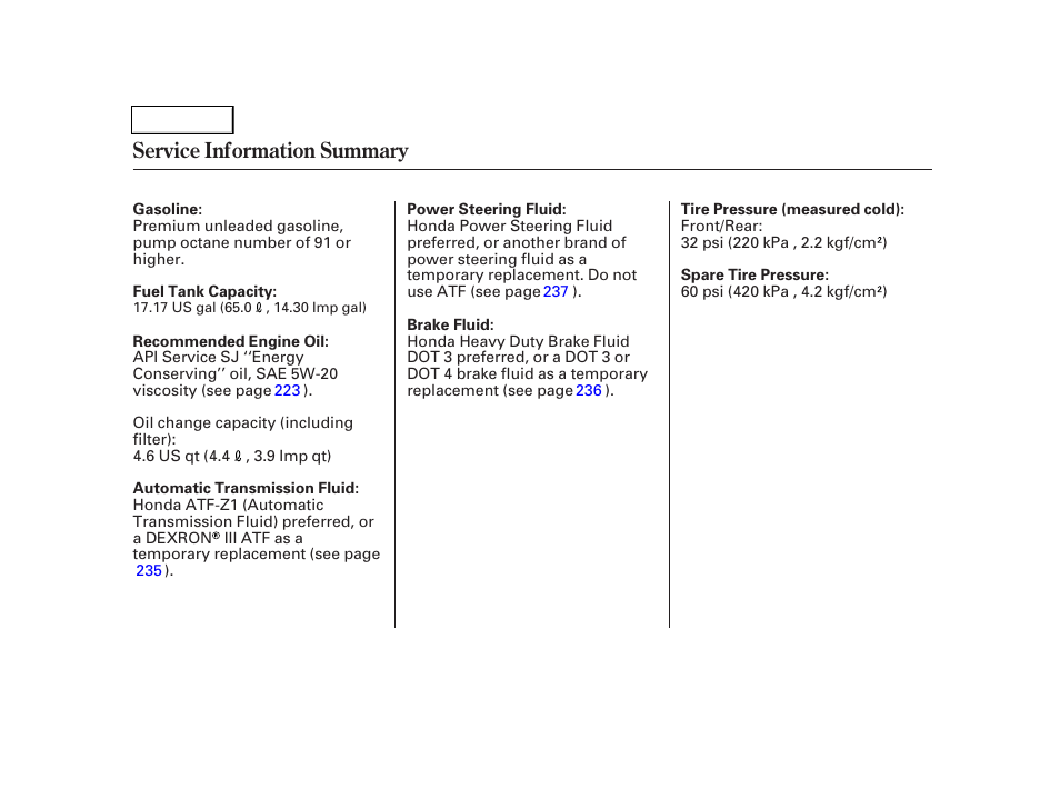 Service information summary | Acura 2002 TL - Owner's Manual User Manual | Page 339 / 339