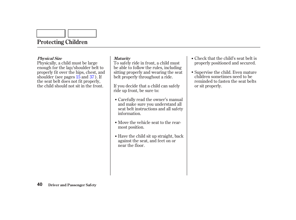 Protecting children | Acura 2002 TL - Owner's Manual User Manual | Page 43 / 339