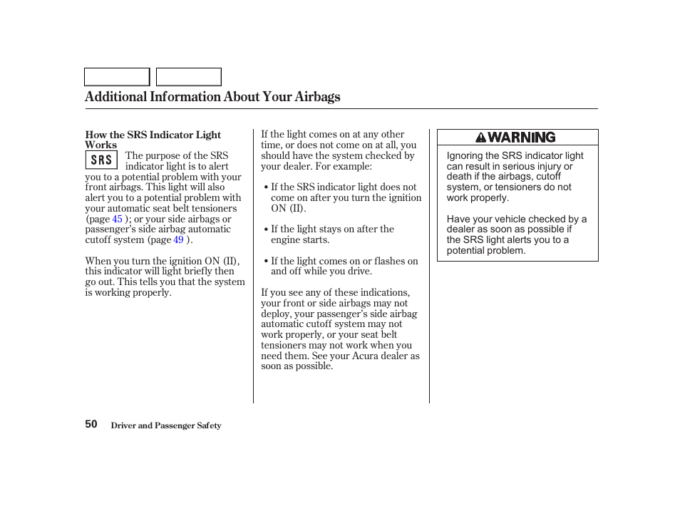 Additional information about your airbags | Acura 2002 TL - Owner's Manual User Manual | Page 53 / 339