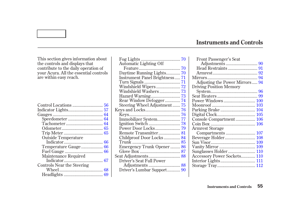 Instruments and controls | Acura 2002 TL - Owner's Manual User Manual | Page 58 / 339