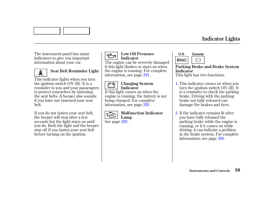 Indicator lights | Acura 2002 TL - Owner's Manual User Manual | Page 62 / 339