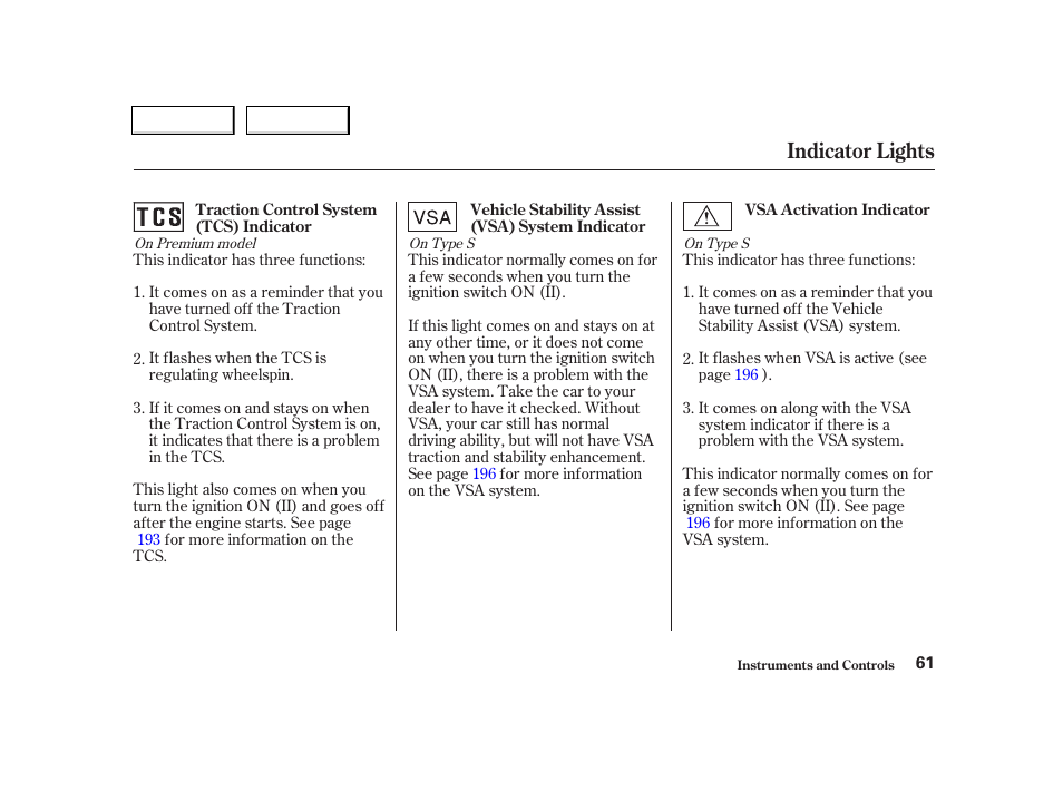 Indicator lights | Acura 2002 TL - Owner's Manual User Manual | Page 64 / 339