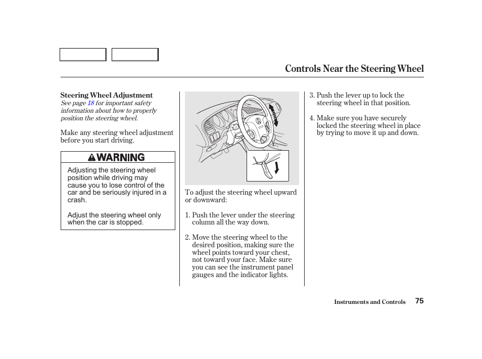 Controls near the steering wheel | Acura 2002 TL - Owner's Manual User Manual | Page 78 / 339