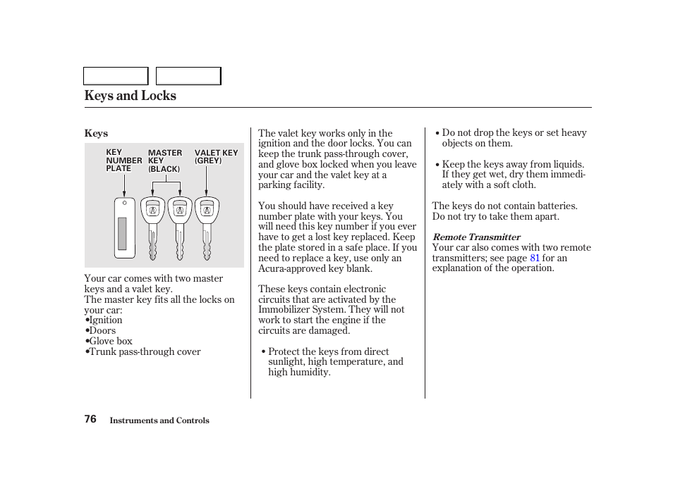 Keys and locks | Acura 2002 TL - Owner's Manual User Manual | Page 79 / 339