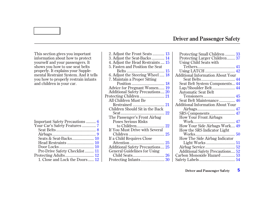 Driver and passenger safety | Acura 2002 TL - Owner's Manual User Manual | Page 8 / 339