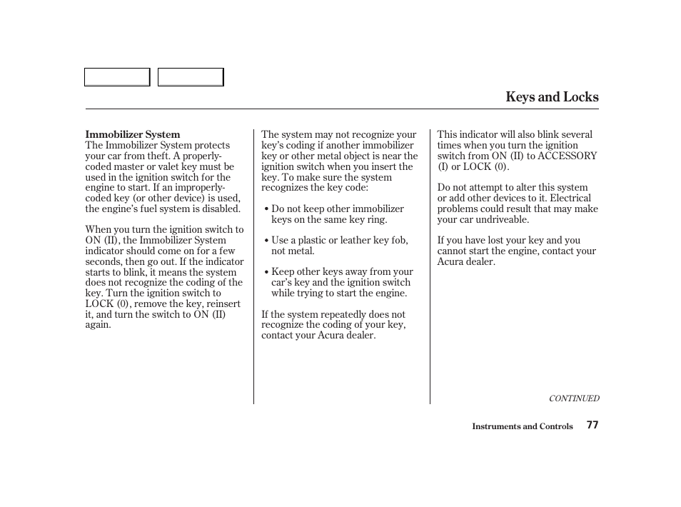 Keys and locks | Acura 2002 TL - Owner's Manual User Manual | Page 80 / 339