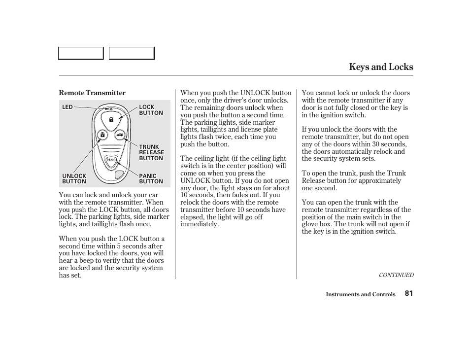 Keys and locks | Acura 2002 TL - Owner's Manual User Manual | Page 84 / 339