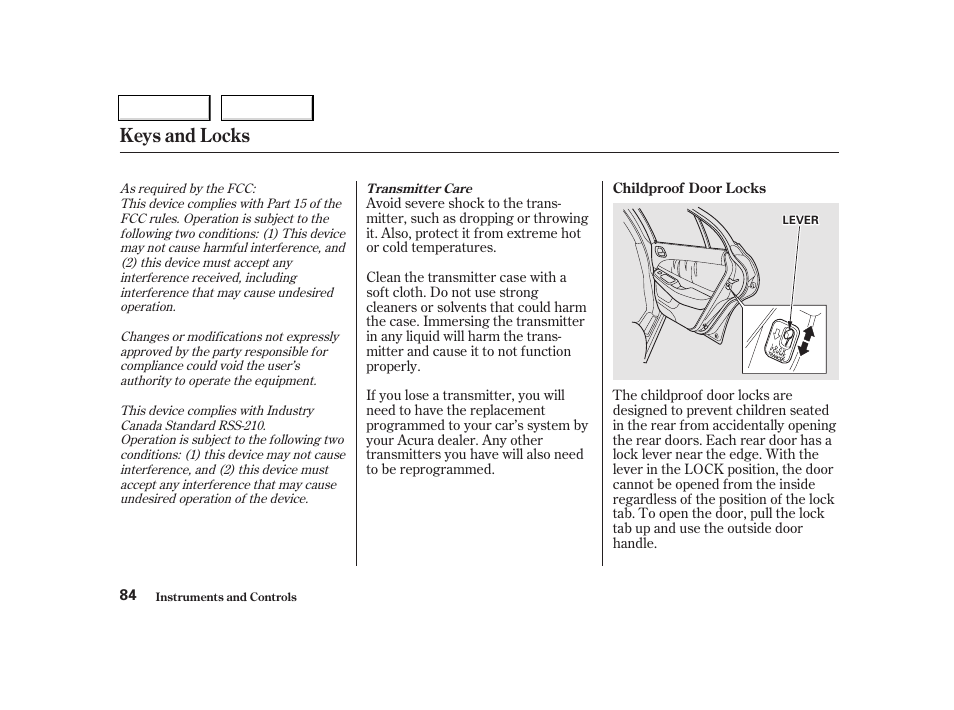 Keys and locks | Acura 2002 TL - Owner's Manual User Manual | Page 87 / 339