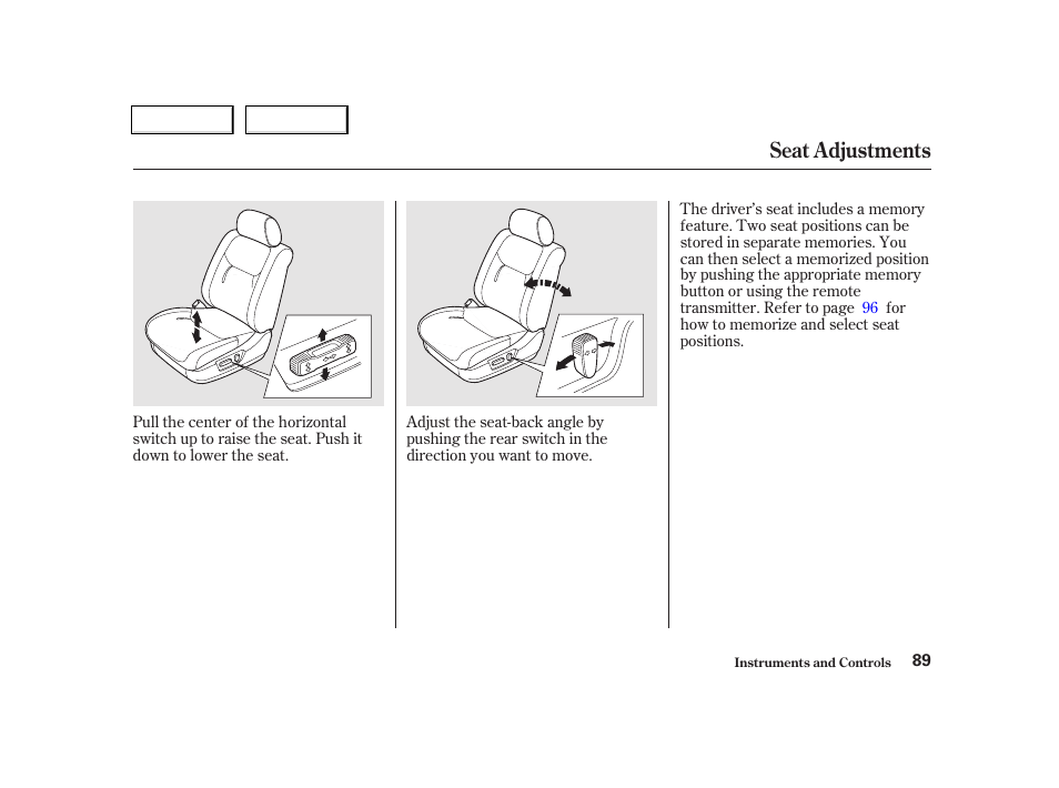 Seat adjustments | Acura 2002 TL - Owner's Manual User Manual | Page 92 / 339