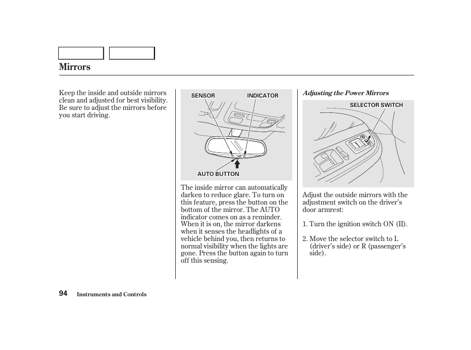 Mirrors | Acura 2002 TL - Owner's Manual User Manual | Page 97 / 339