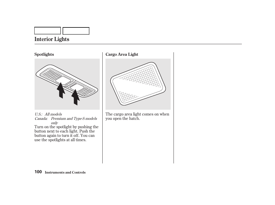 Interior lights | Acura 2002 RSX - Owner's Manual User Manual | Page 103 / 320
