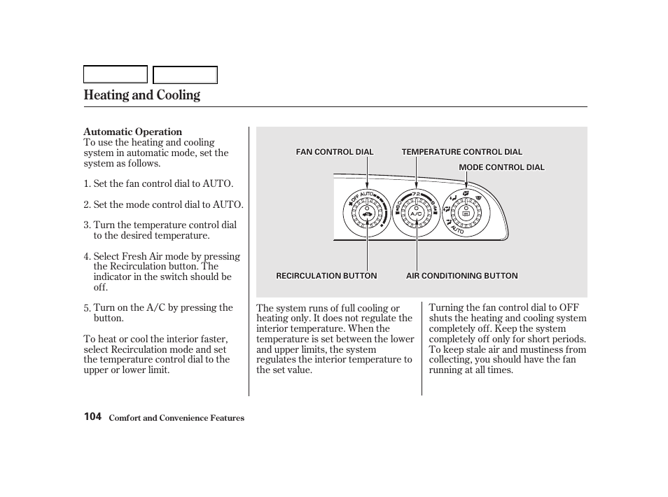 Heating and cooling | Acura 2002 RSX - Owner's Manual User Manual | Page 107 / 320