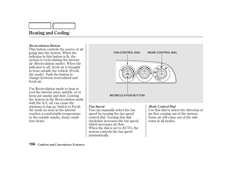Heating and cooling | Acura 2002 RSX - Owner's Manual User Manual | Page 109 / 320