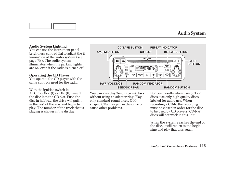 Audio system | Acura 2002 RSX - Owner's Manual User Manual | Page 118 / 320