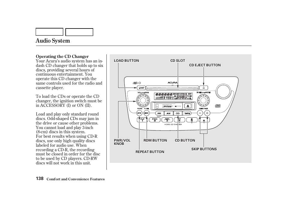 Audio system | Acura 2002 RSX - Owner's Manual User Manual | Page 141 / 320