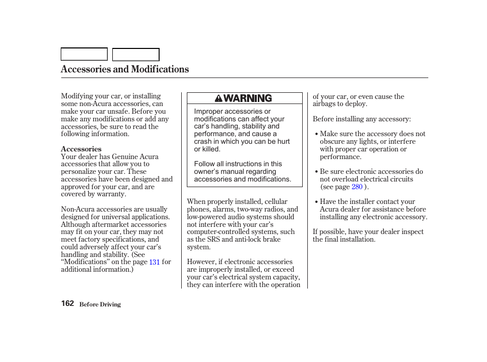 Accessories and modifications | Acura 2002 RSX - Owner's Manual User Manual | Page 165 / 320