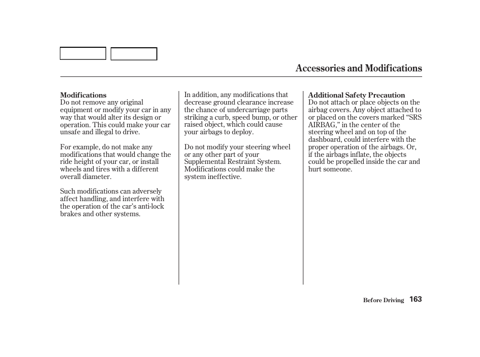 Accessories and modifications | Acura 2002 RSX - Owner's Manual User Manual | Page 166 / 320