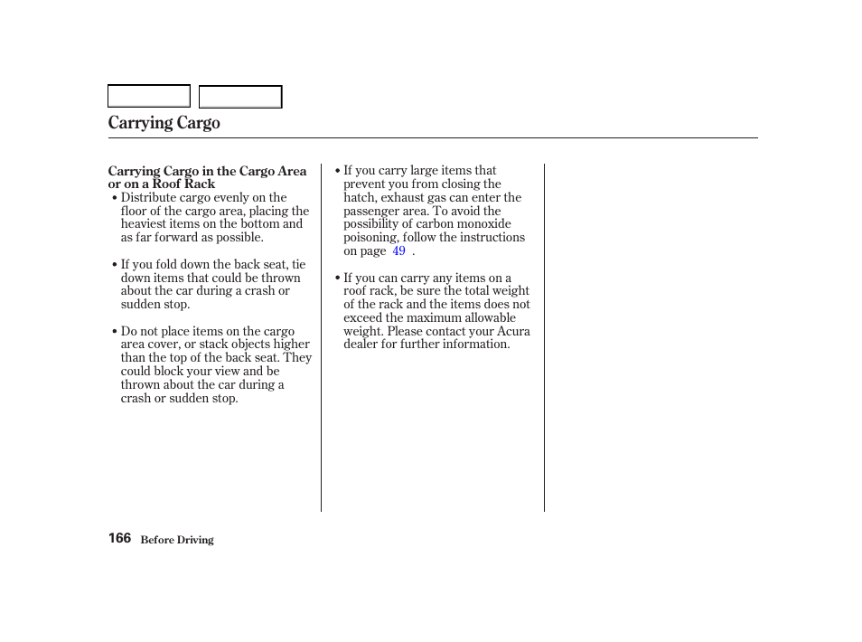Carrying cargo | Acura 2002 RSX - Owner's Manual User Manual | Page 169 / 320