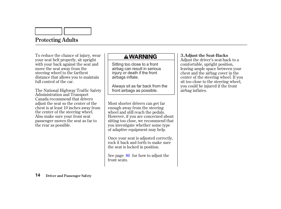 Protecting adults | Acura 2002 RSX - Owner's Manual User Manual | Page 17 / 320