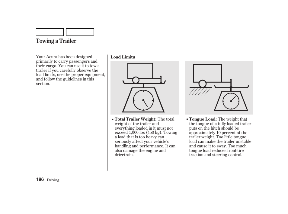 Towing a trailer | Acura 2002 RSX - Owner's Manual User Manual | Page 189 / 320