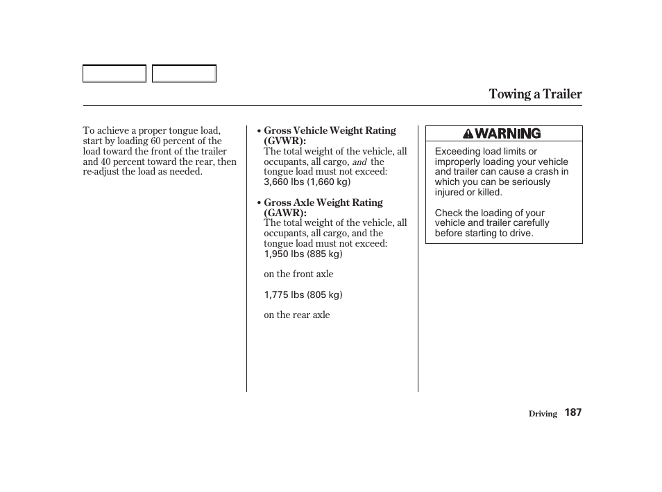 Towing a trailer | Acura 2002 RSX - Owner's Manual User Manual | Page 190 / 320