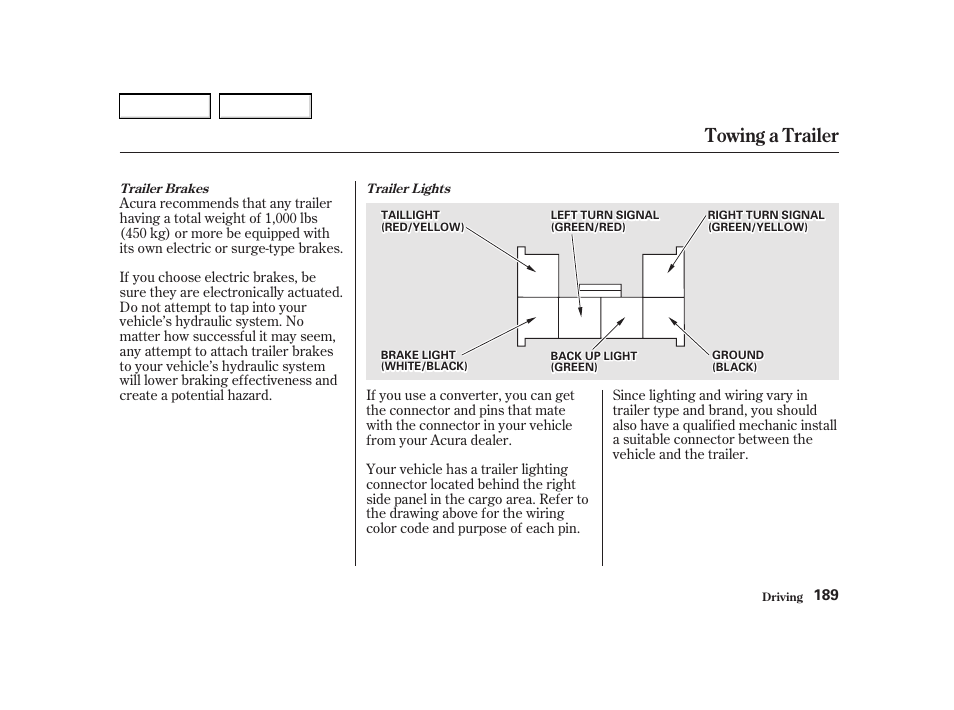 Towing a trailer | Acura 2002 RSX - Owner's Manual User Manual | Page 192 / 320