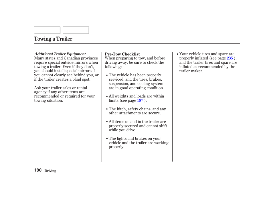 Towing a trailer | Acura 2002 RSX - Owner's Manual User Manual | Page 193 / 320