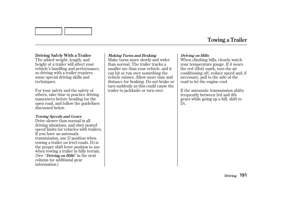 Towing a trailer | Acura 2002 RSX - Owner's Manual User Manual | Page 194 / 320
