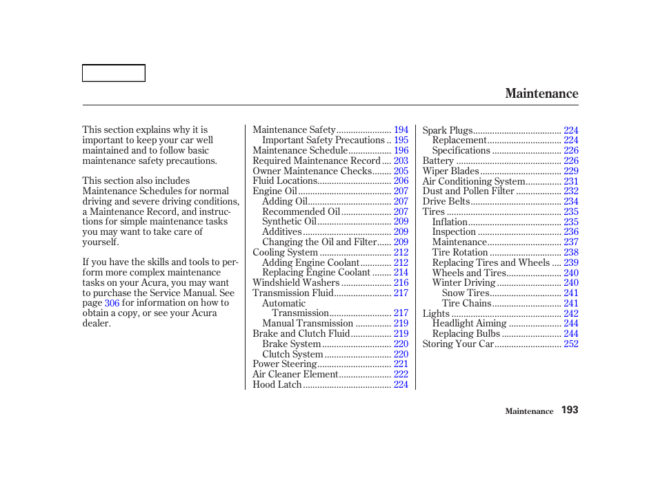 Maintenance | Acura 2002 RSX - Owner's Manual User Manual | Page 196 / 320