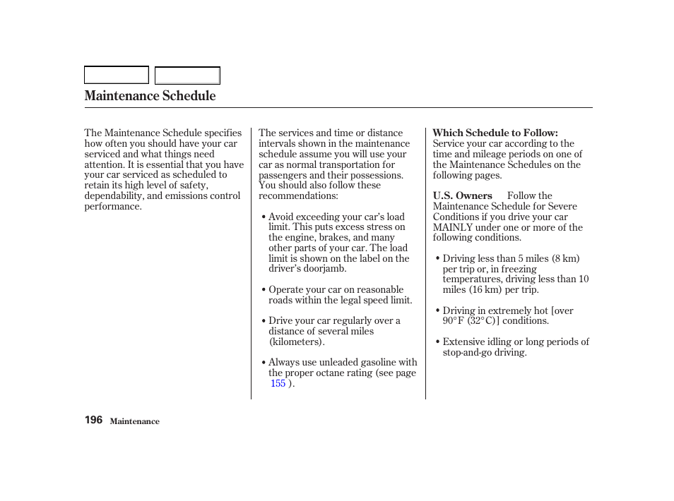 Maintenance schedule | Acura 2002 RSX - Owner's Manual User Manual | Page 199 / 320