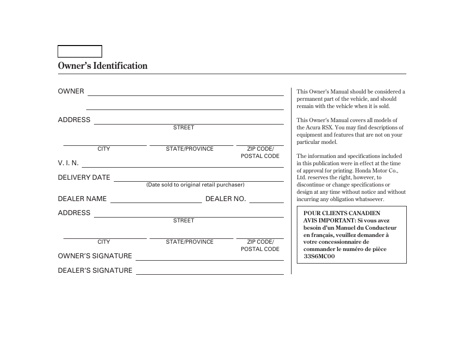 Owner's identification form, Owner’s identification | Acura 2002 RSX - Owner's Manual User Manual | Page 2 / 320