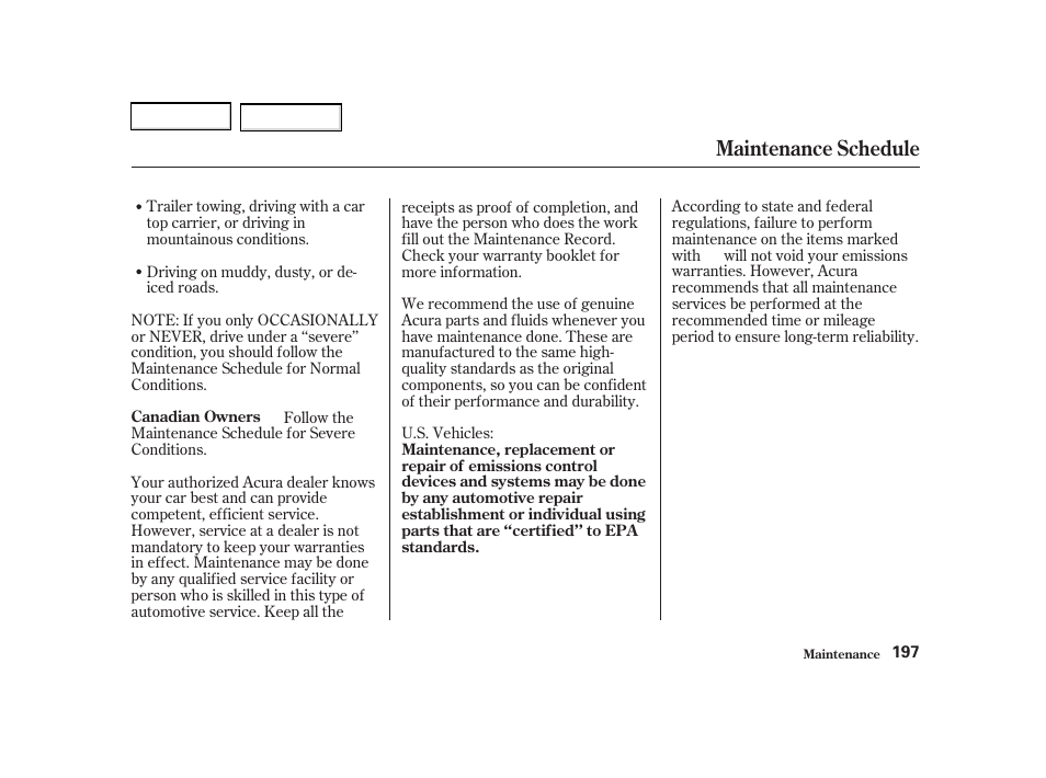 Maintenance schedule | Acura 2002 RSX - Owner's Manual User Manual | Page 200 / 320