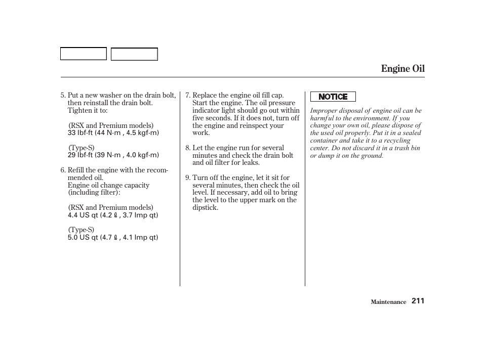 Engine oil | Acura 2002 RSX - Owner's Manual User Manual | Page 214 / 320