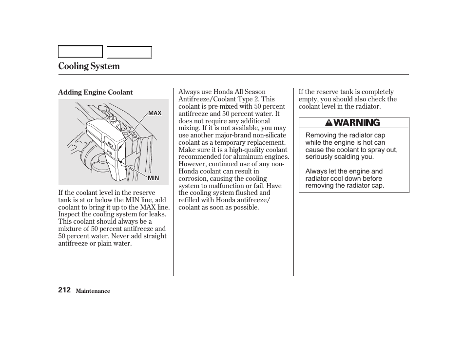 Cooling system | Acura 2002 RSX - Owner's Manual User Manual | Page 215 / 320