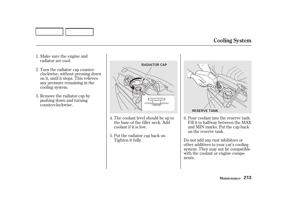 Cooling system | Acura 2002 RSX - Owner's Manual User Manual | Page 216 / 320