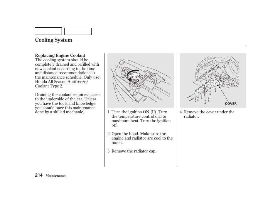 Cooling system | Acura 2002 RSX - Owner's Manual User Manual | Page 217 / 320